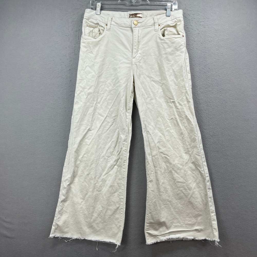 KUT From The Kloth Pants Women 6 Cream Wide Baggy Raw Hem Stretch Cropped Casual